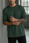 Erkek Petrol Yeşili Basic Düz Baskısız Oversize Salas Boyfriend T-Shirt