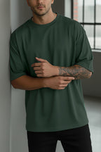 Erkek Petrol Yeşili Basic Düz Baskısız Oversize Salas Boyfriend T-Shirt
