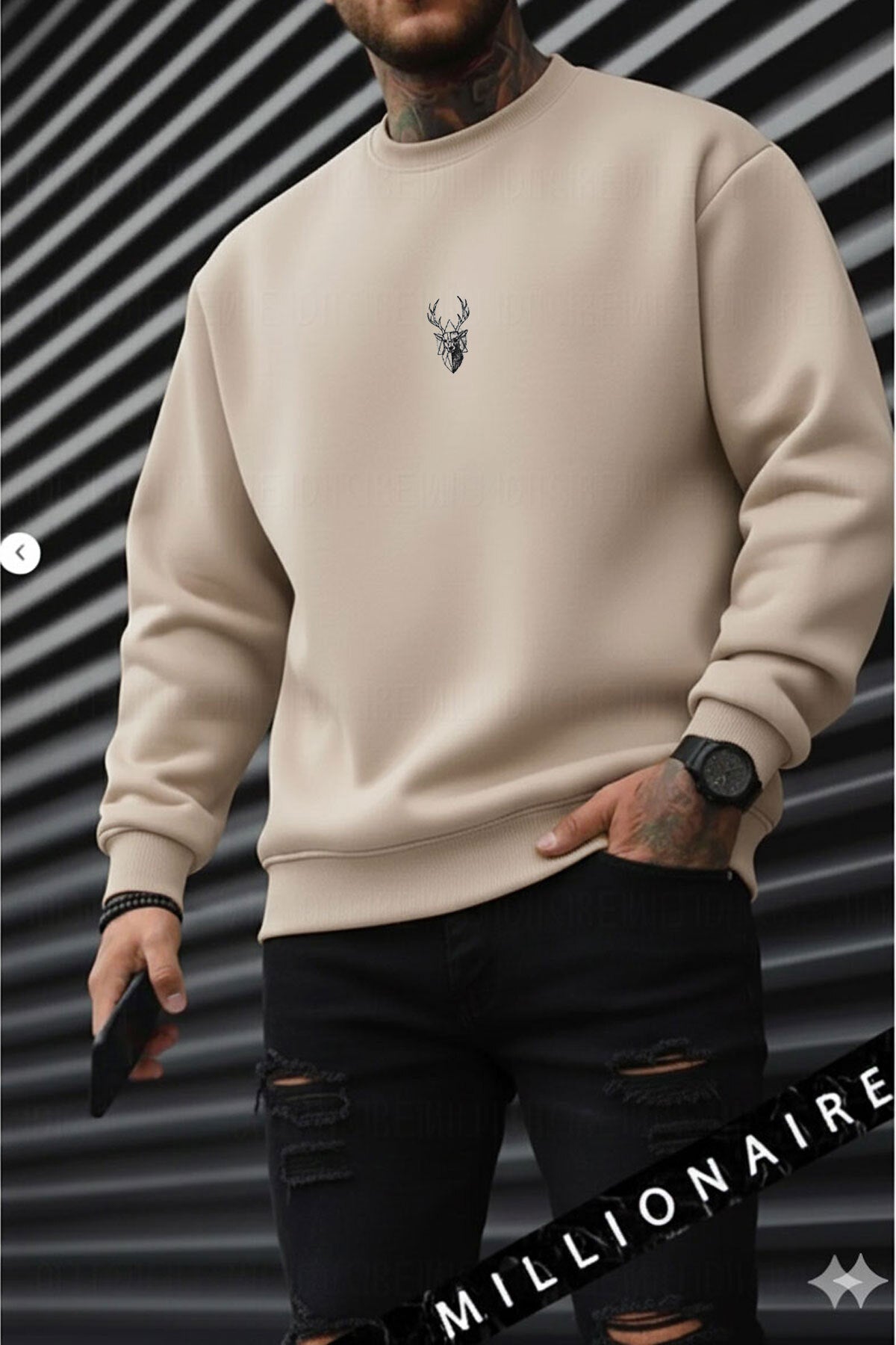 Erkek Taş Kum Bej Geyik Soft 3 İplik içi Şardonlu 0 Sıfır Yaka Oversize Salaş Sweatshirt