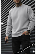 Erkek Düz Gri Basic Baskısız Sıfır Bisiklet Yaka Oversize Salaş Sweatshirt Sweat