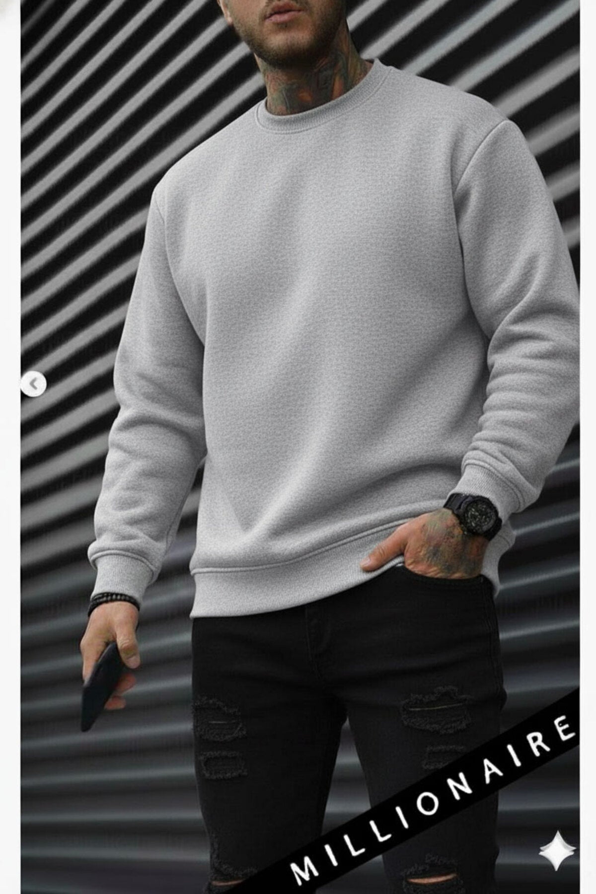 Erkek Düz Gri Basic Baskısız Sıfır Bisiklet Yaka Oversize Salaş Sweatshirt Sweat