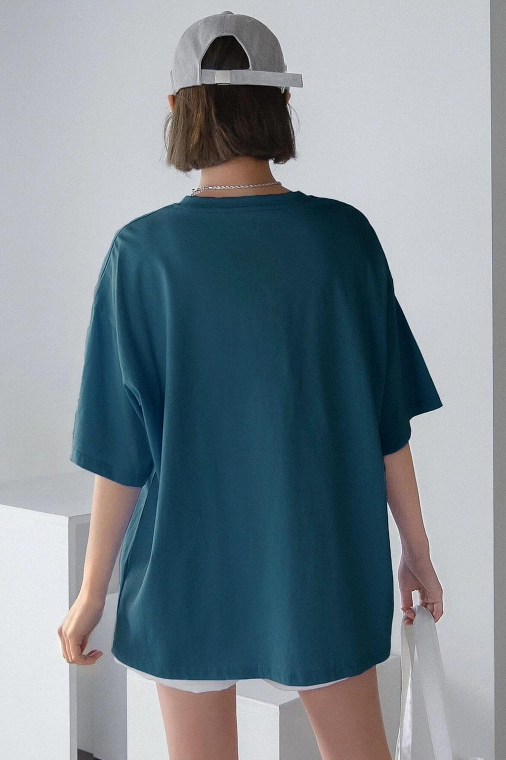 Petrol Mavisi Basic Düz Baskısız Oversize Salas Boyfriend Kadın T-Shirt