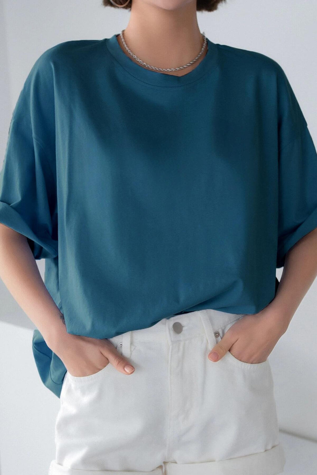 Petrol Mavisi Basic Düz Baskısız Oversize Salas Boyfriend Kadın T-Shirt