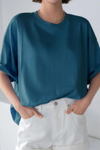 Petrol Mavisi Basic Düz Baskısız Oversize Salas Boyfriend Kadın T-Shirt