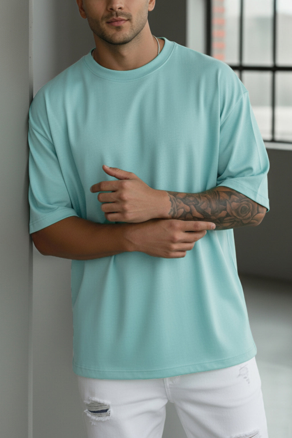 Erkek Turkuaz Basic Düz Baskısız Oversize Salas T-Shirt