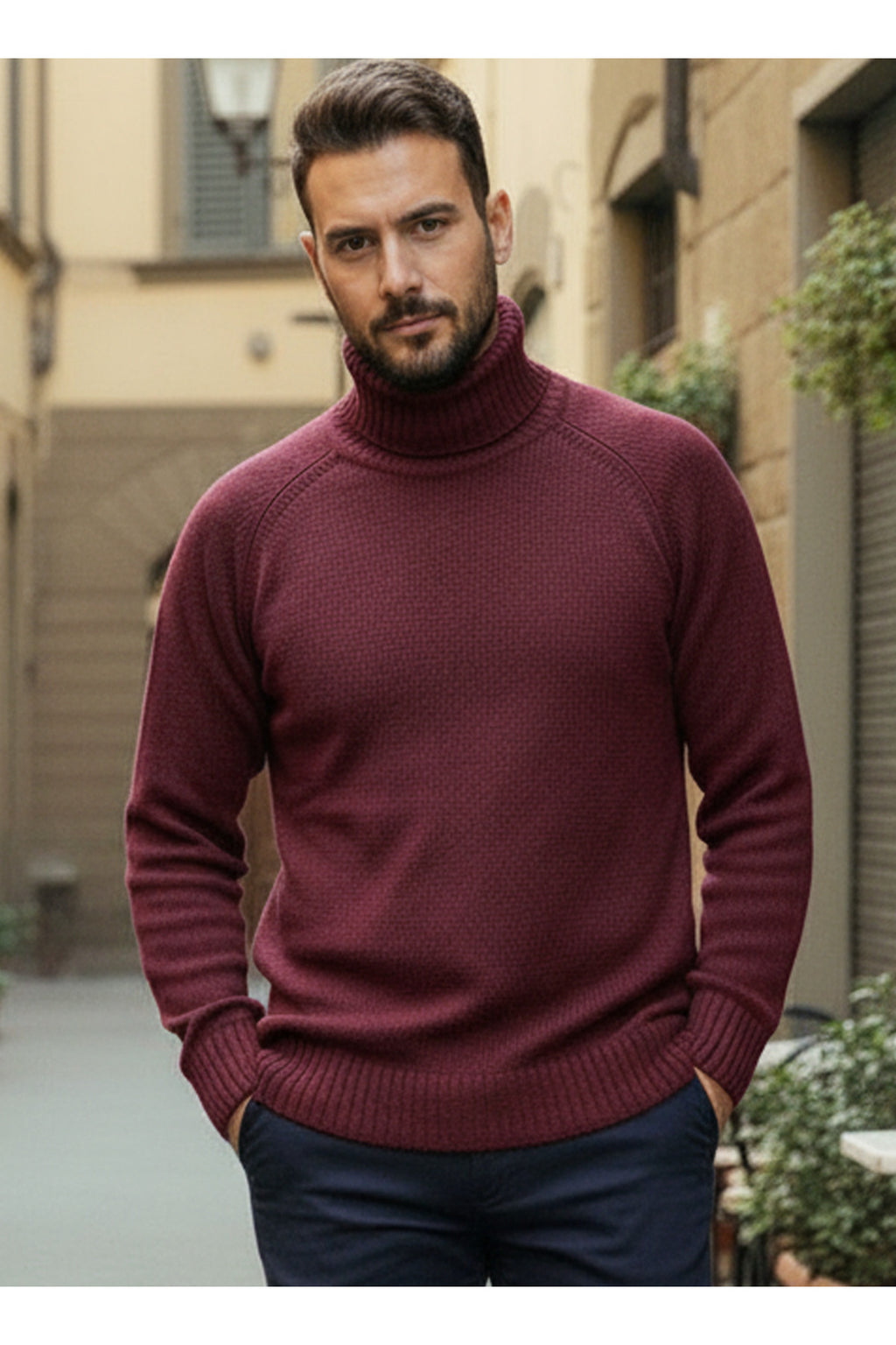Erkek Bordo Italyan Reglan Kol Detaylı Kalın Balıkçı Yaka Boğazlı Regular %100 Pamuk Triko Kazak