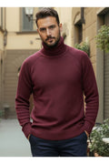 Erkek Bordo Italyan Reglan Kol Detaylı Kalın Balıkçı Yaka Boğazlı Regular %100 Pamuk Triko Kazak