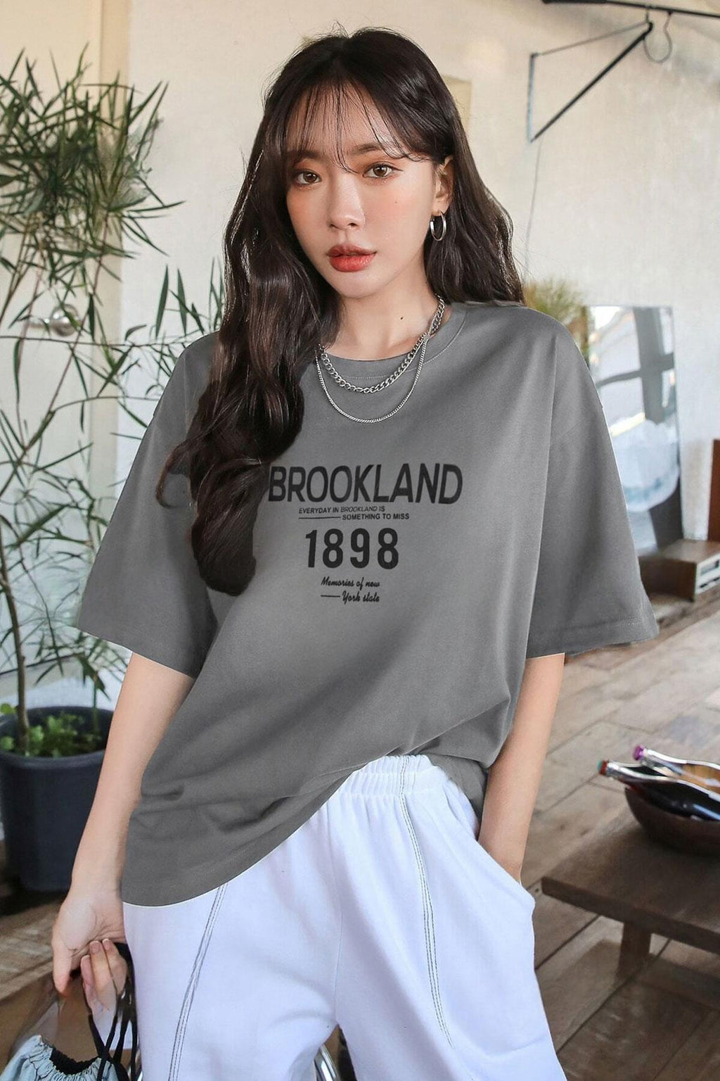 1898 Baskılı Gri Oversize Salas Boyfriend Kadın T-Shirt