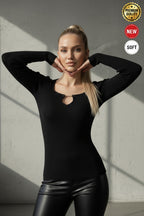 Kadın Siyah Armut Yaka Çengel Detaylı Kancalı Uzun Kollu Fitilli Extra Soft Yumuşak Bluz Body
