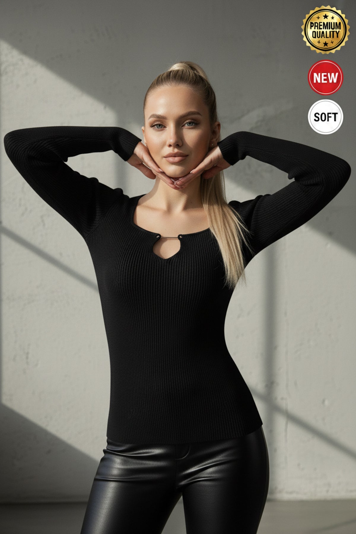 Kadın Siyah Armut Yaka Çengel Detaylı Kancalı Uzun Kollu Fitilli Extra Soft Yumuşak Bluz Body