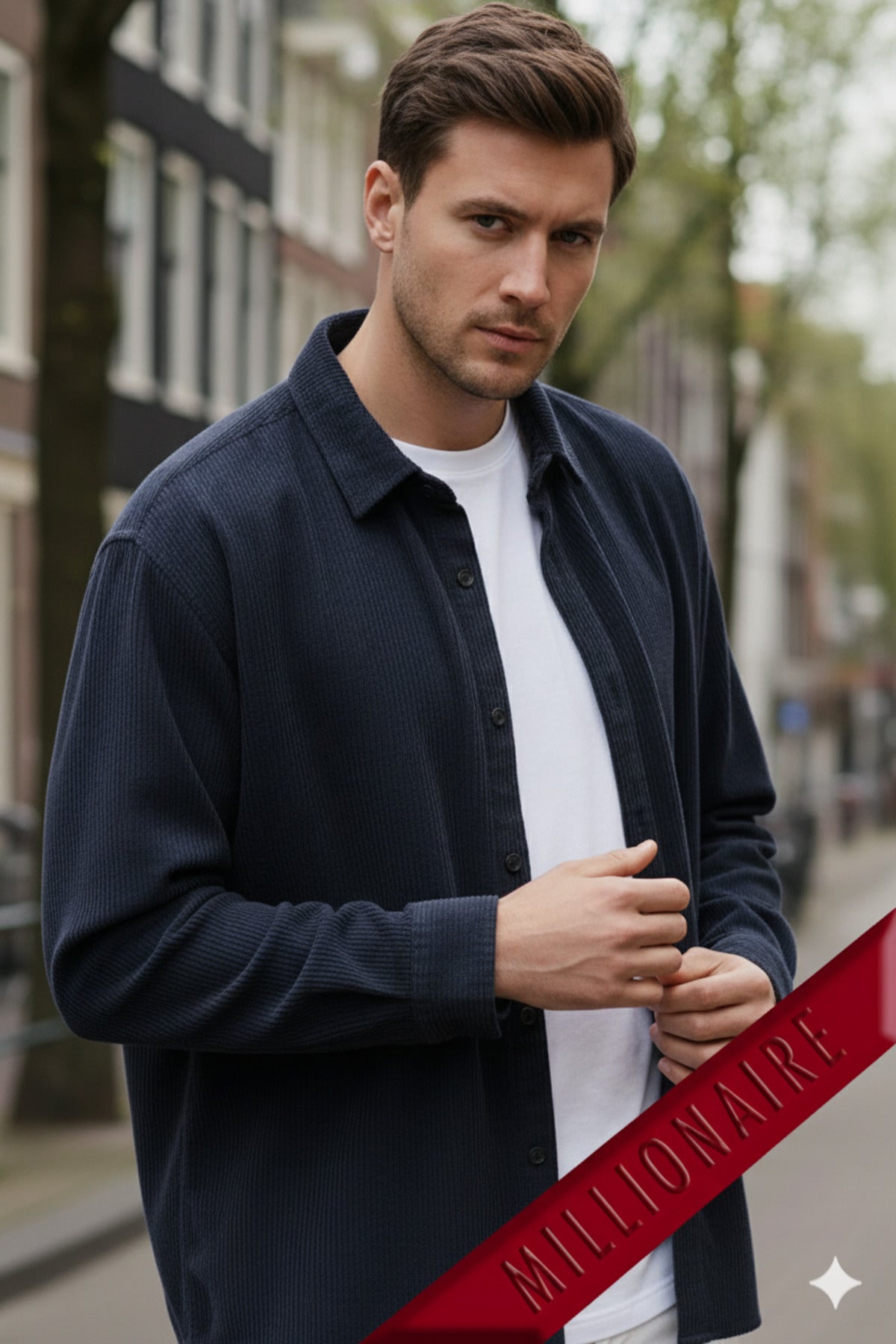 Erkek Lacivert Kadife Fitilli Yumuşak Dokulu Loose Fit Oversize Düşük Omuz Gömlek
