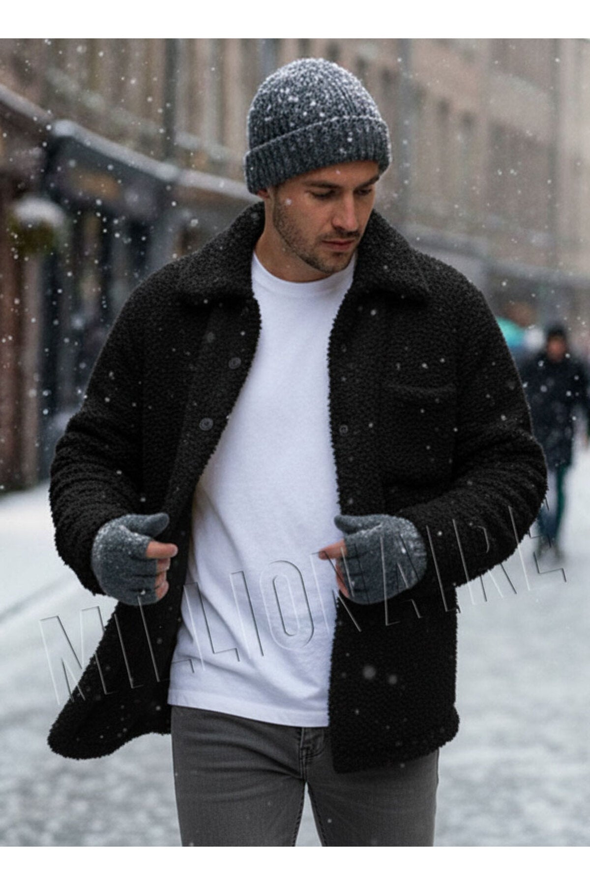 Erkek Siyah Peluş Gömlek Yaka Modeli Düğmeli Ceket Hırka Mont Sweatshirt Polar