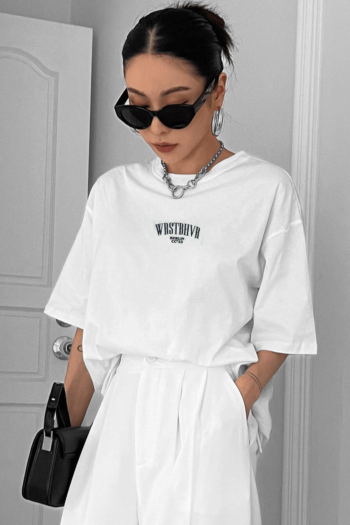 Dont Announce Beyaz Oversize Salas Boyfriend Kadın T-Shirt