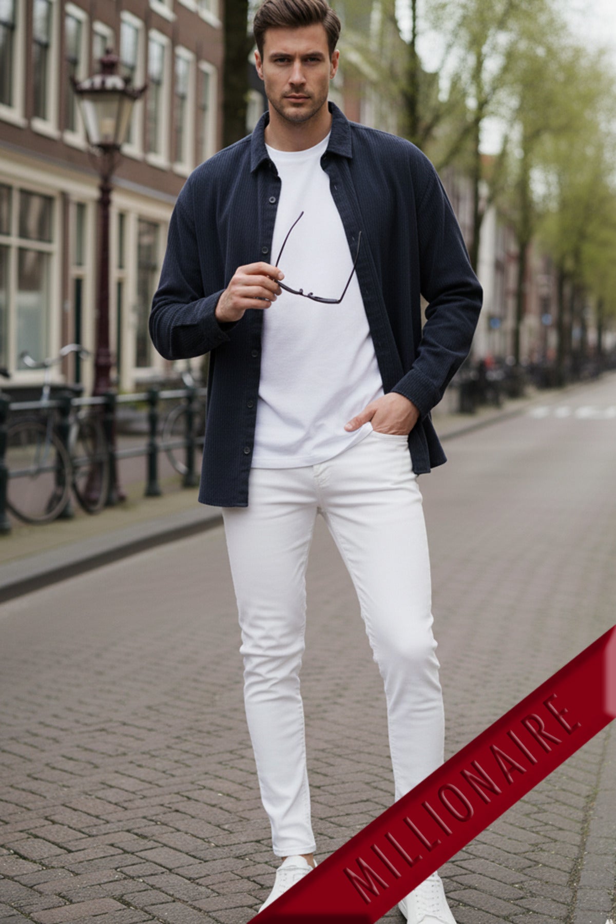 Erkek Lacivert Kadife Fitilli Yumuşak Dokulu Loose Fit Oversize Düşük Omuz Gömlek