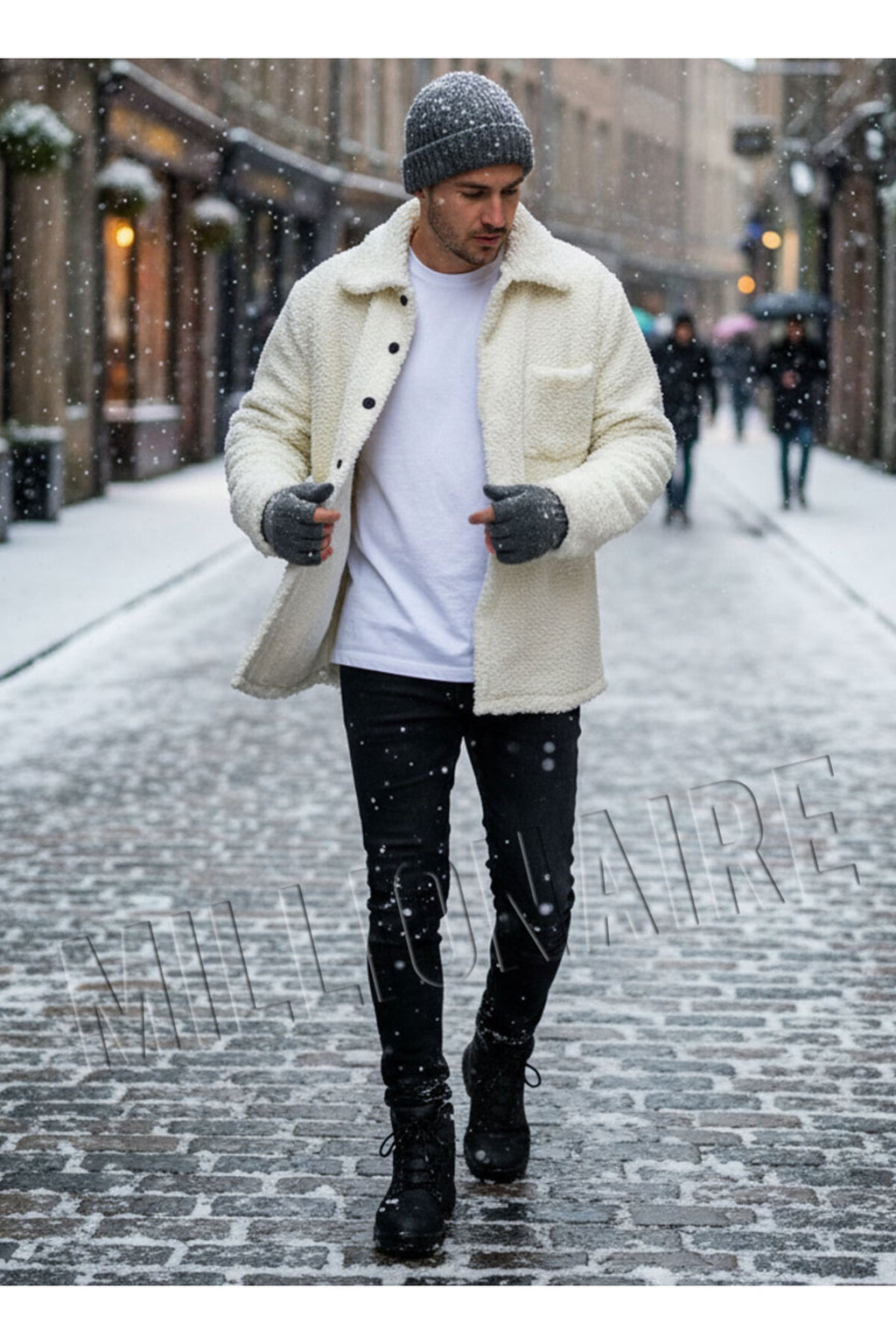 Erkek Ekru Beyaz Peluş Gömlek Yaka Modeli Düğmeli Ceket Hırka Mont Sweatshirt Polar