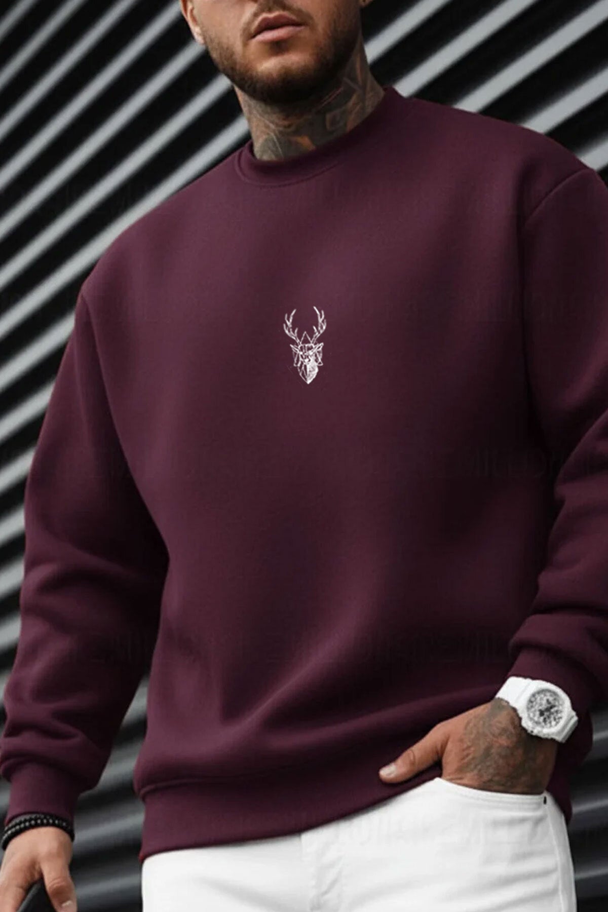 Erkek Vişne Koyu Bordo Geyik Soft 3 İplik içi Şardonlu 0 Sıfır Yaka Oversize Salaş Sweatshirt