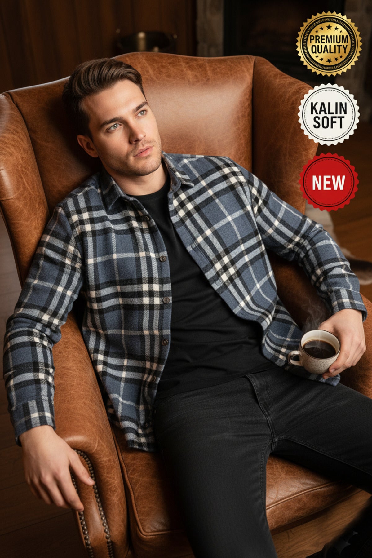 Erkek indigo Siyah Beyaz 3 çizgi Oduncu Kalın Yumuşak Dokulu Regular Old Money Culture Gömlek