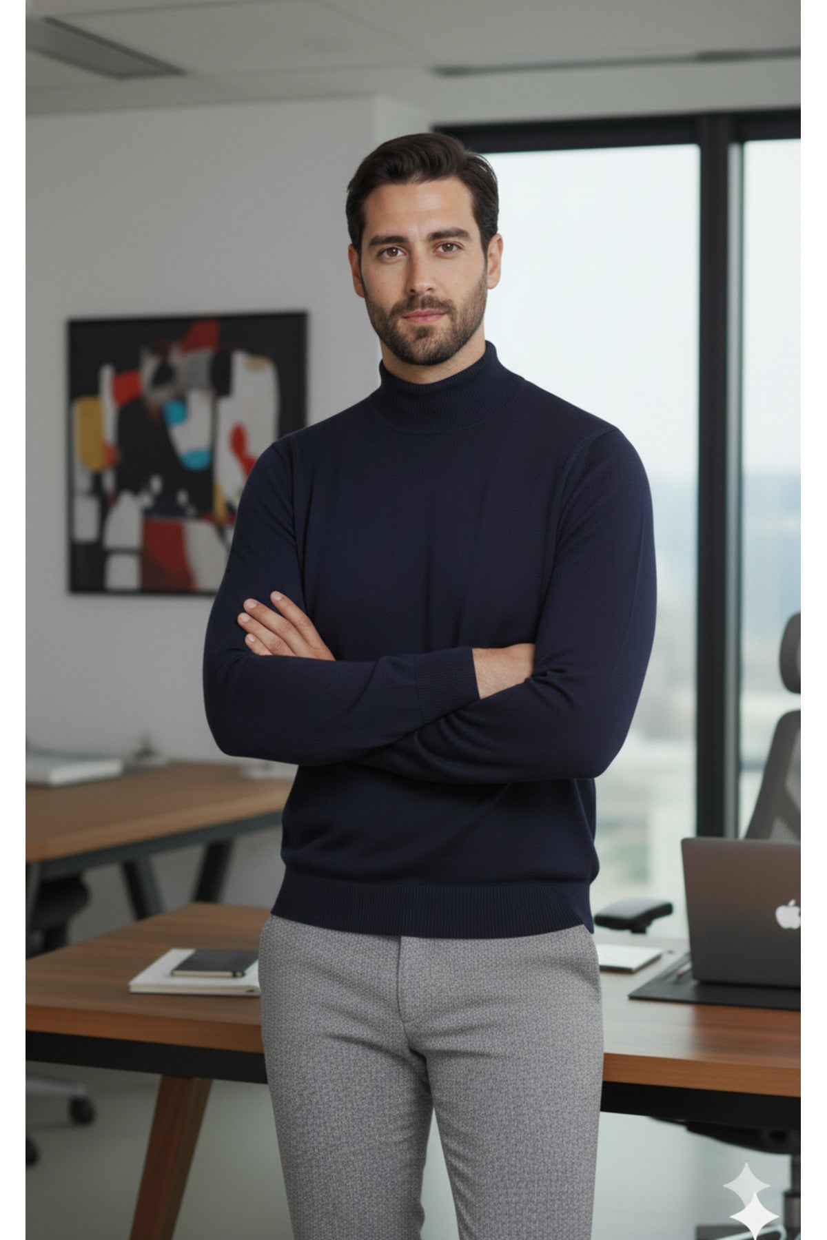 Erkek Lacivert Yarım Balıkçı Yaka Standart Normal Kesim Regular Akrilik Karışımlı Triko Kazak