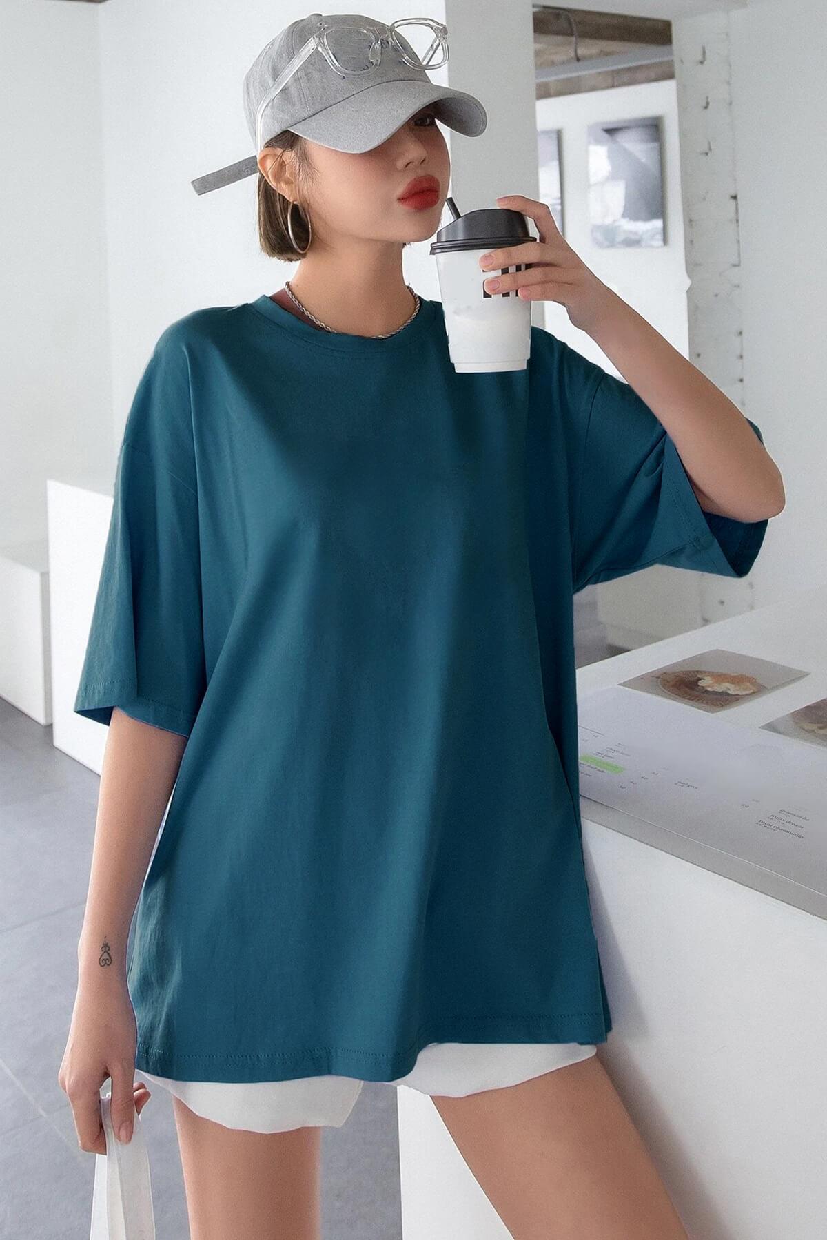 Petrol Mavisi Basic Düz Baskısız Oversize Salas Boyfriend Kadın T-Shirt
