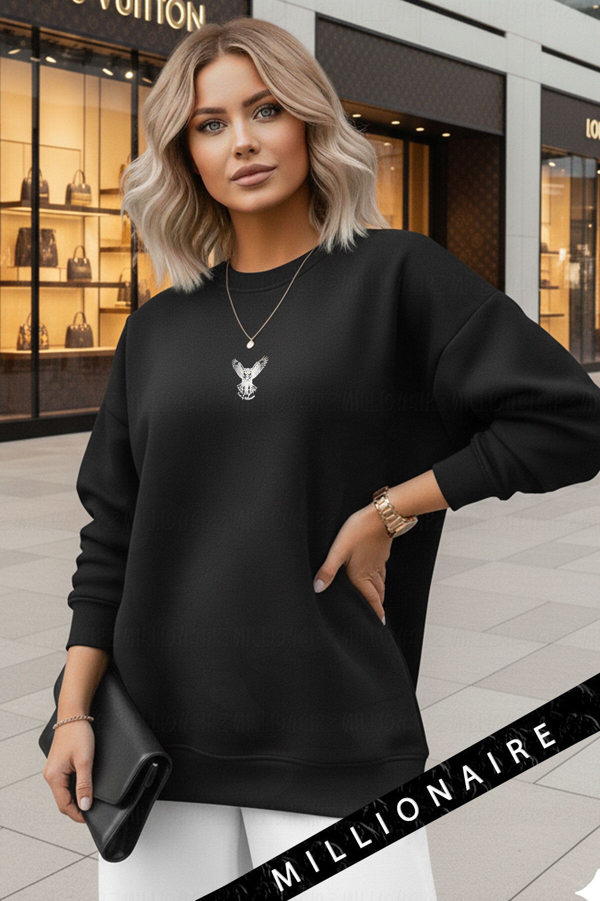 Kadın Siyah Geometrik Geyik Baskılı Kalın Soft 3 İplik Şardonlu 0 Sıfır Yaka Oversize Salaş Sweat