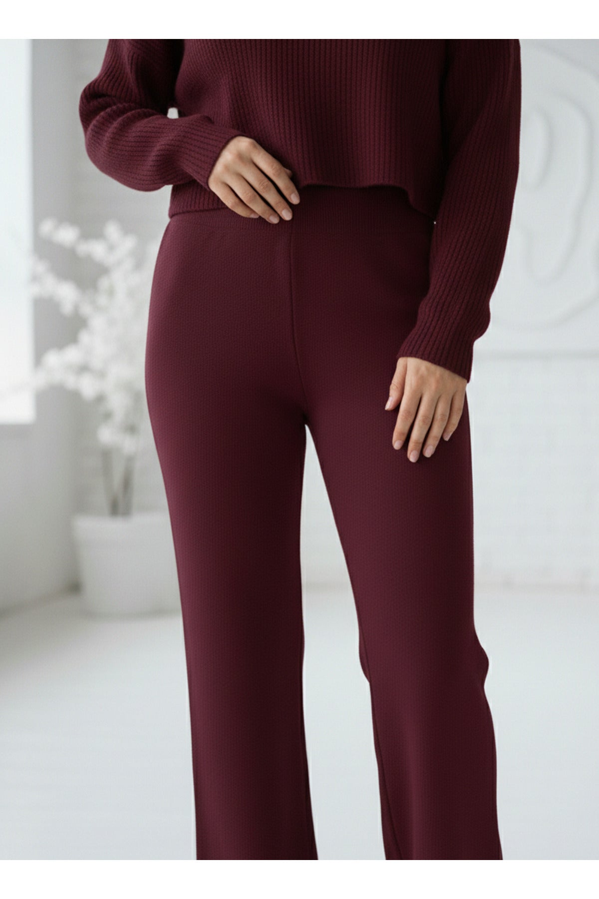 Kadın Bordo Triko Pantolon Tek Alt S-M-L Uyumlu Esnek Tek Beden