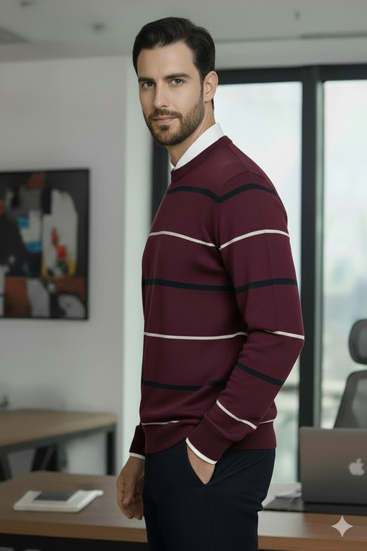 Erkek Çizgi Detaylı Bordo Bisiklet Yaka Standart Normal Kesim Regular Fit Karışımlı Triko Kazak