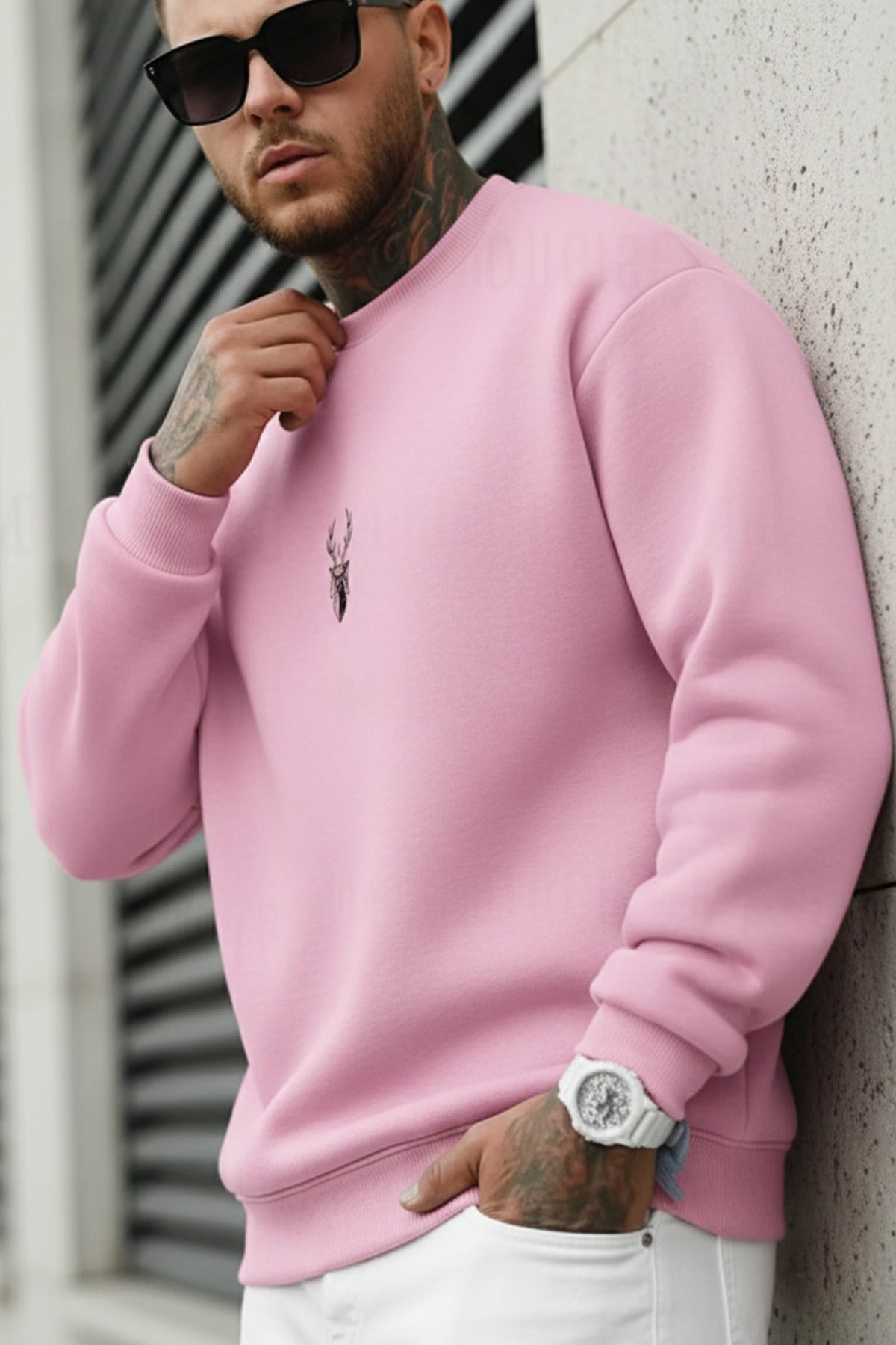 Erkek Pembe Geyik Soft 3 İplik içi Şardonlu 0 Sıfır Yaka Oversize Salaş Sweatshirt