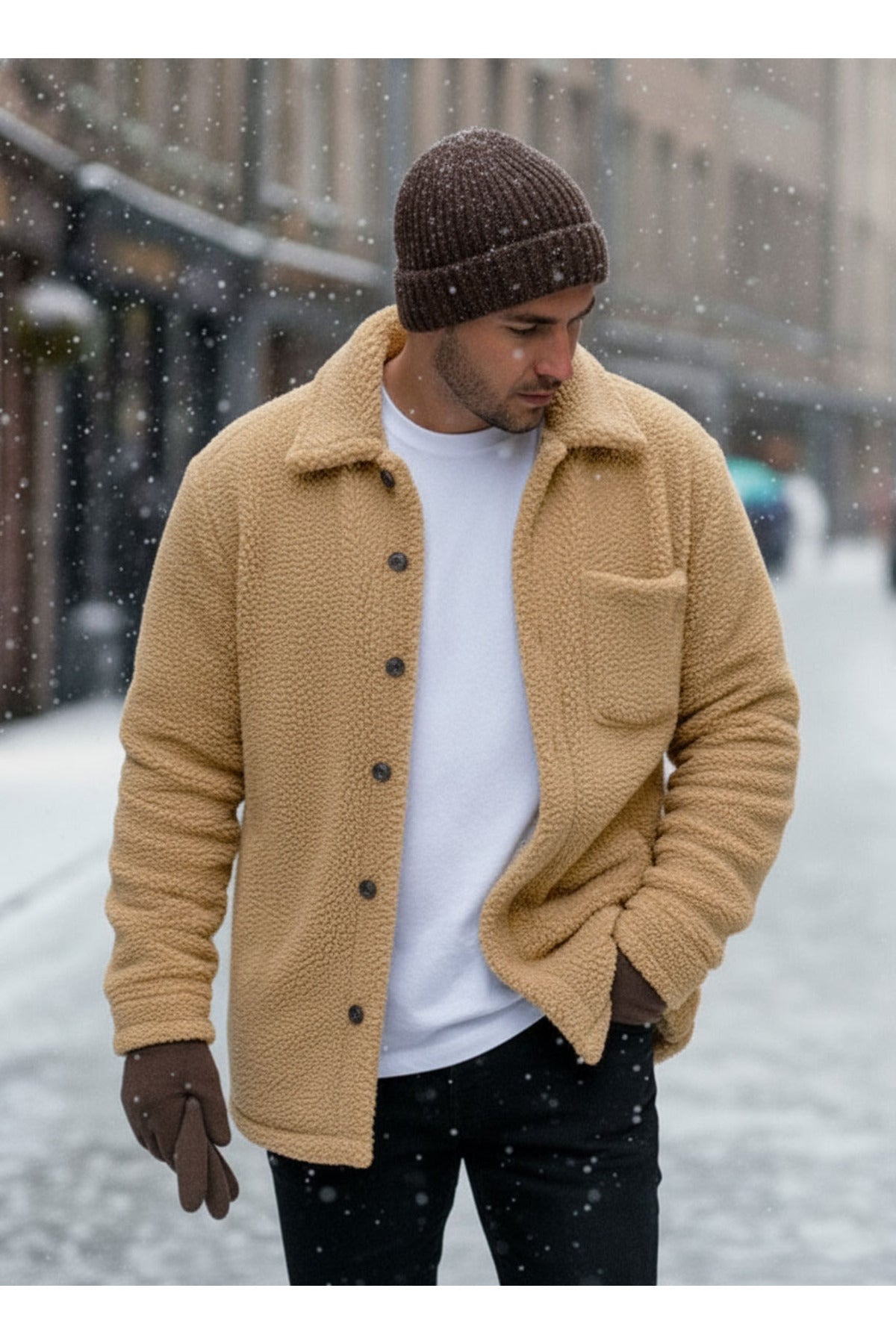 Erkek Camel Peluş Gömlek Yaka Modeli Düğmeli Ceket Hırka Mont Sweatshirt Polar