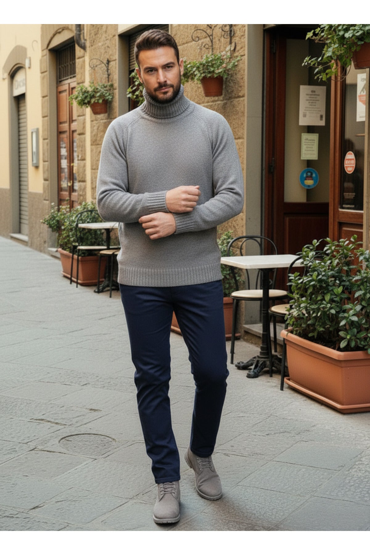 Erkek Gri Italyan Reglan Kol Detaylı Kalın Balıkçı Yaka Boğazlı Regular %100 Pamuk Triko Kazak