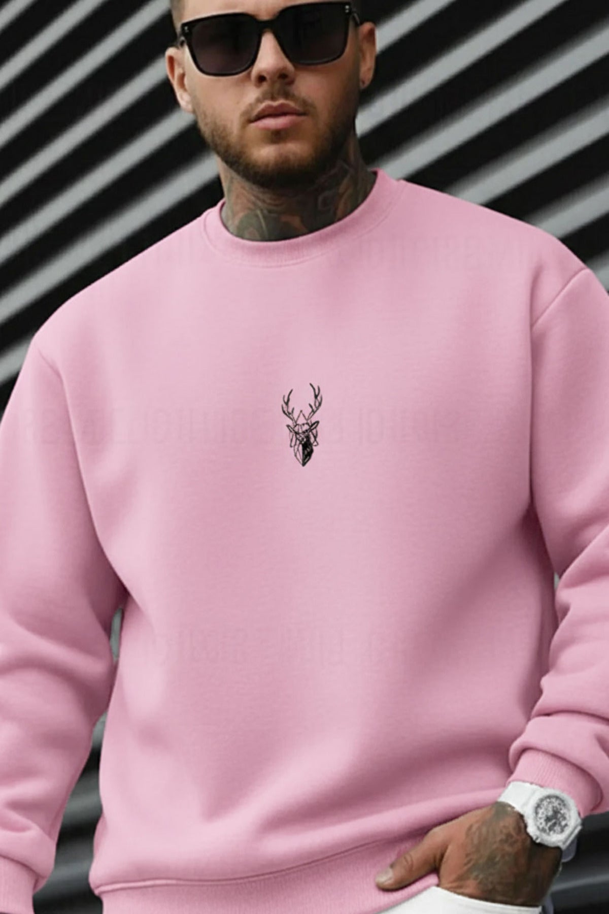 Erkek Pembe Geyik Soft 3 İplik içi Şardonlu 0 Sıfır Yaka Oversize Salaş Sweatshirt