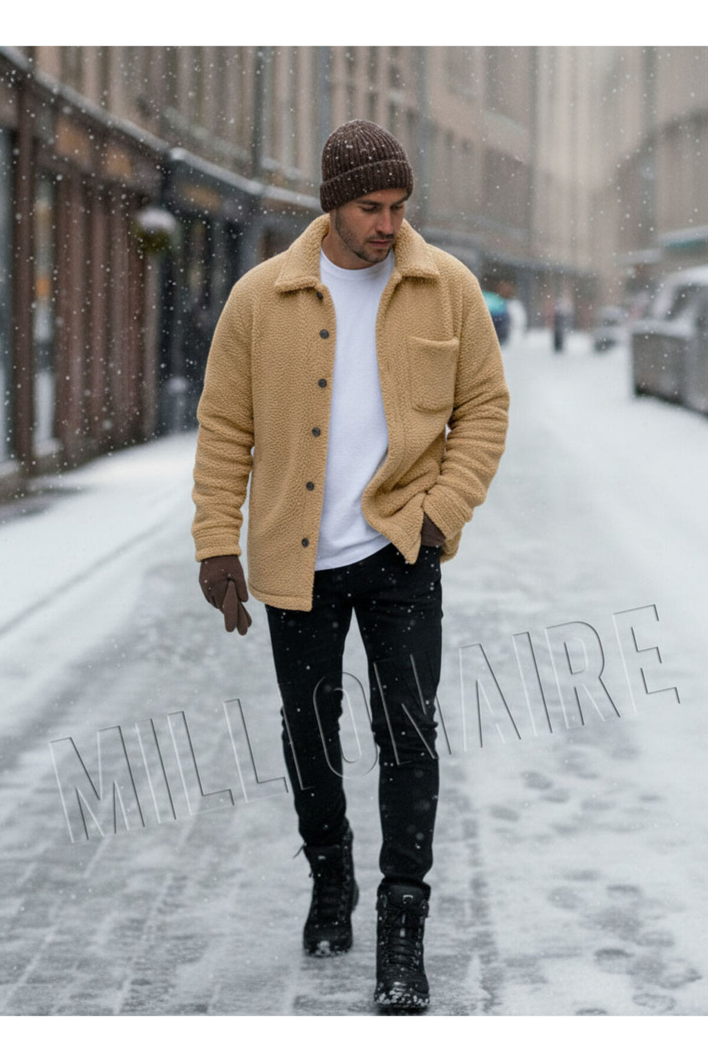 Erkek Camel Peluş Gömlek Yaka Modeli Düğmeli Ceket Hırka Mont Sweatshirt Polar