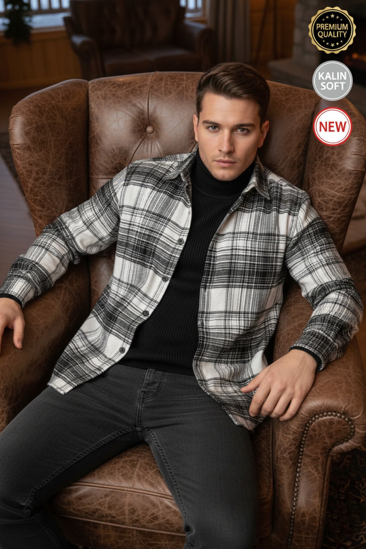 Erkek Beyaz Siyah ince çizgili ekose Oduncu Kalın Yumuşak Dokulu Regular Old Money Culture Gömlek