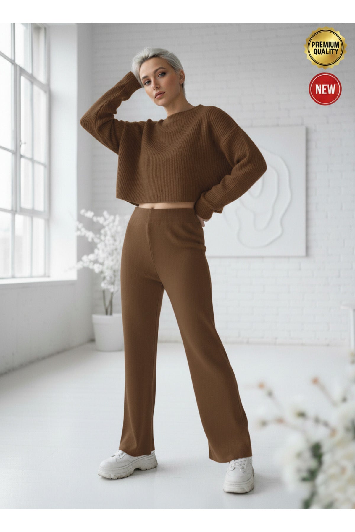 Kadın Açık Kahverengi Triko Pantolon Tek Alt S-M-L Uyumlu Esnek Tek Beden