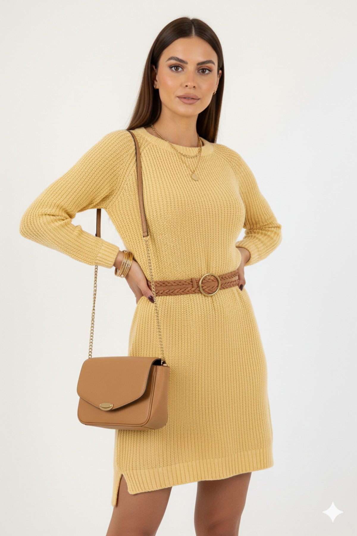 Kadın Açık Sarı Civciv Bisiklet Yaka Uzun Tunik Elbise Kalın Örgü İtalyan Kol Yırtmaçlı Triko Kazak