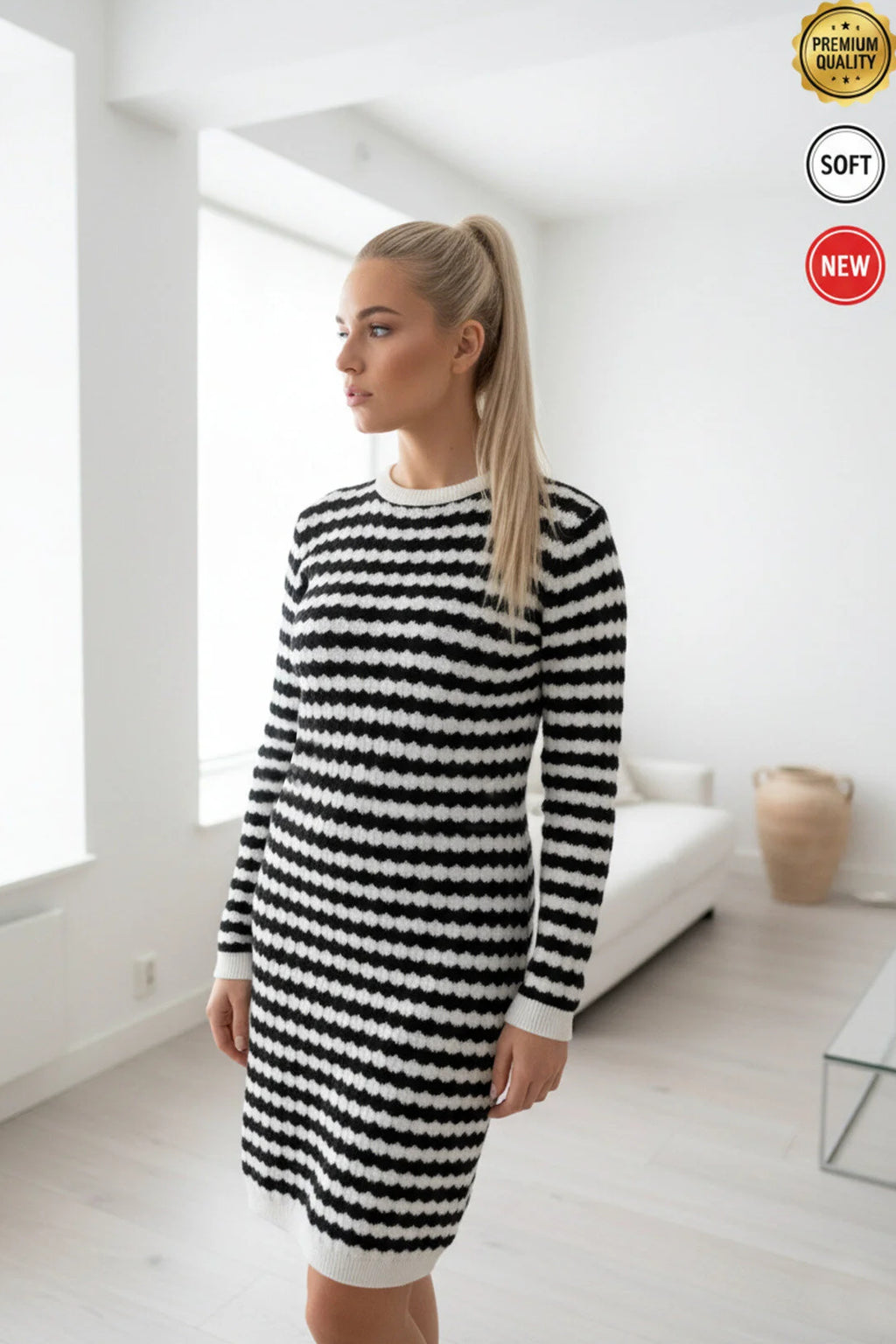 Kadın Tam Beden Beyaz Çizgili Esnek Triko Slim Elbise XS-S-M uyumlu