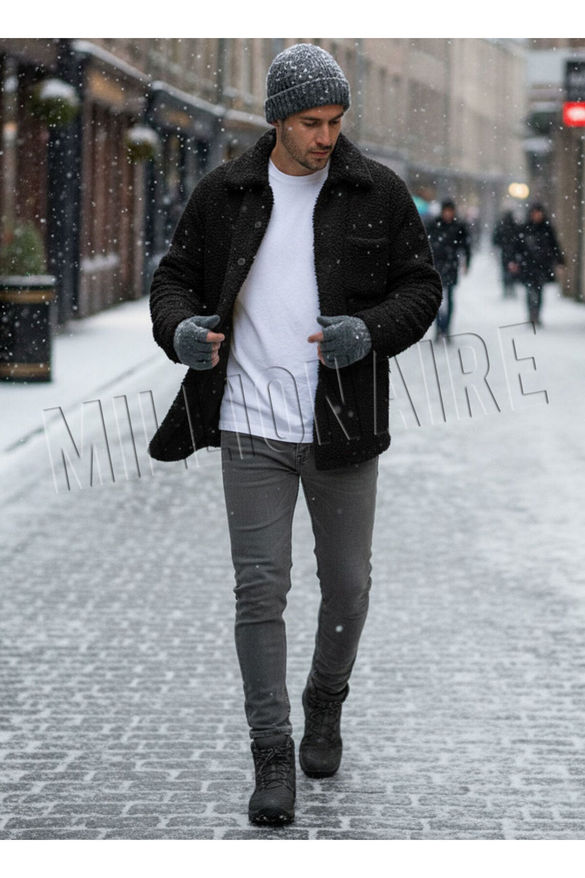 Erkek Siyah Peluş Gömlek Yaka Modeli Düğmeli Ceket Hırka Mont Sweatshirt Polar