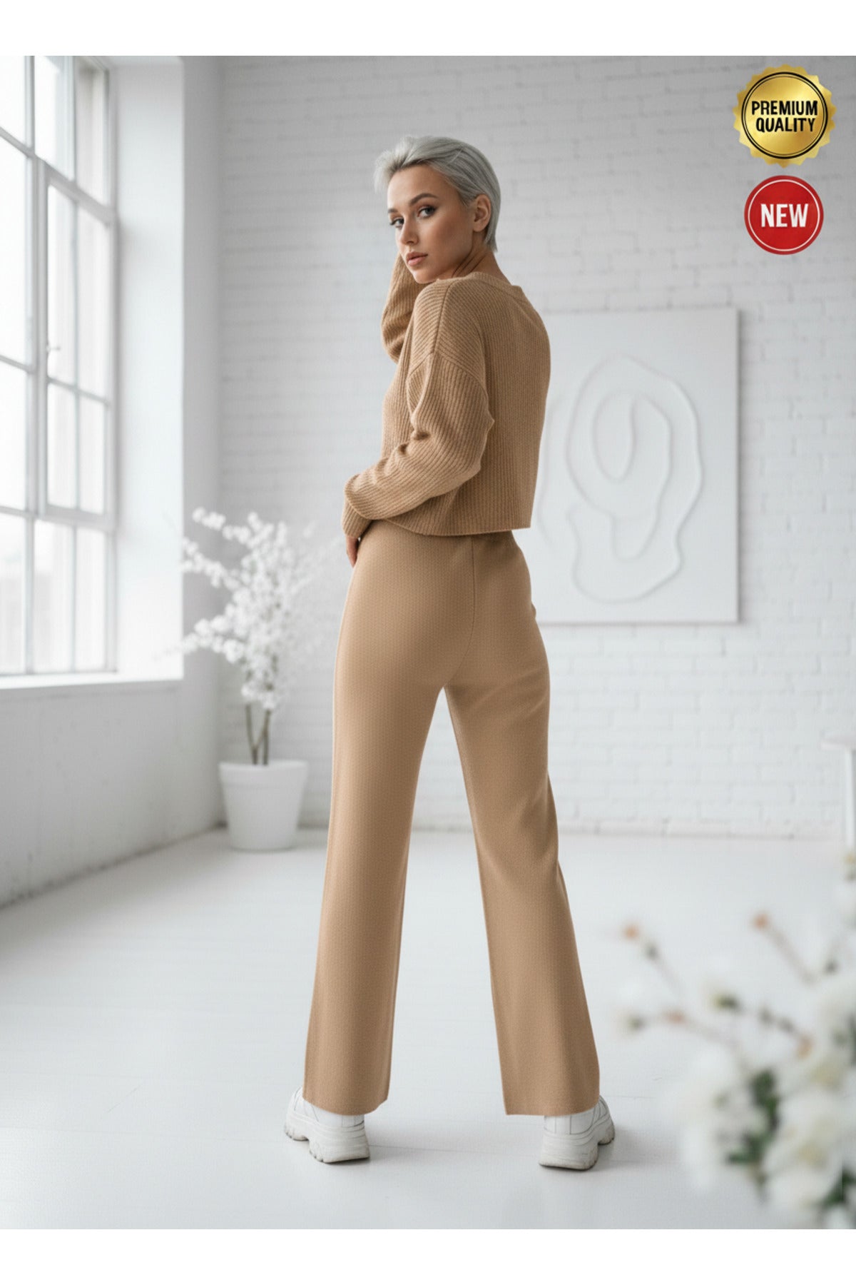 Kadın Camel Sütlü Kahve Triko Pantolon Tek Alt S-M-L Uyumlu Esnek Tek Beden