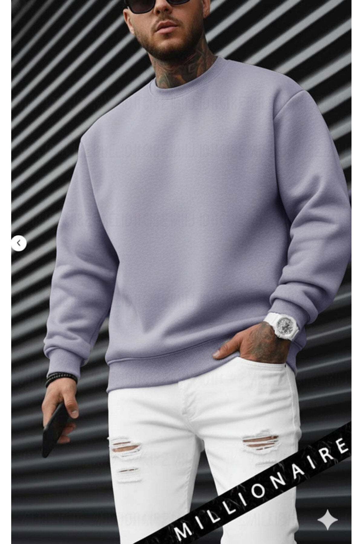 Erkek Lila Tonlu Gri Basic 0 Sıfır Yaka Baskısız Düz Oversize Salaş Bol Kesim Sweatshirt