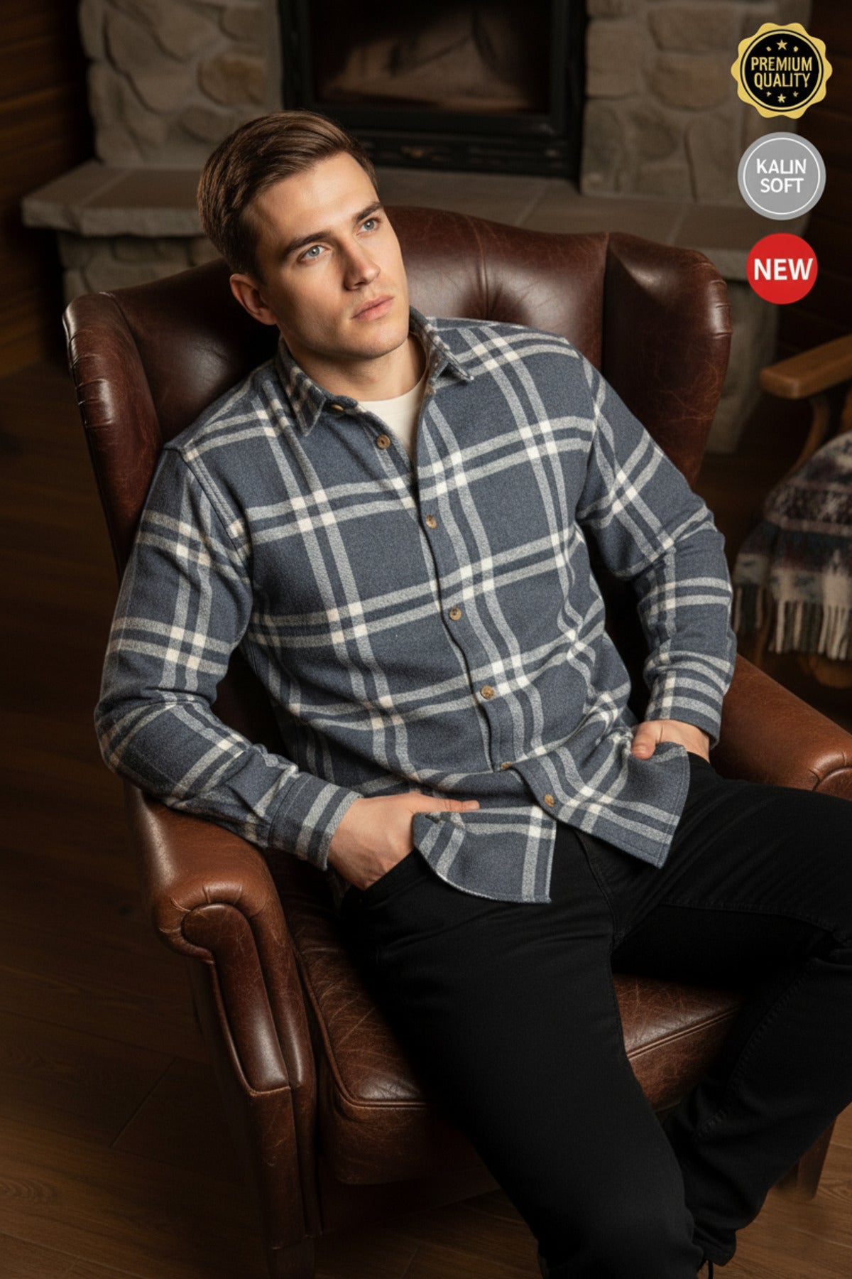 Erkek İndigo Beyaz 2 çizgi Ekose Oduncu Kalın Yumuşak Dokulu Regular Old Money Culture Gömlek