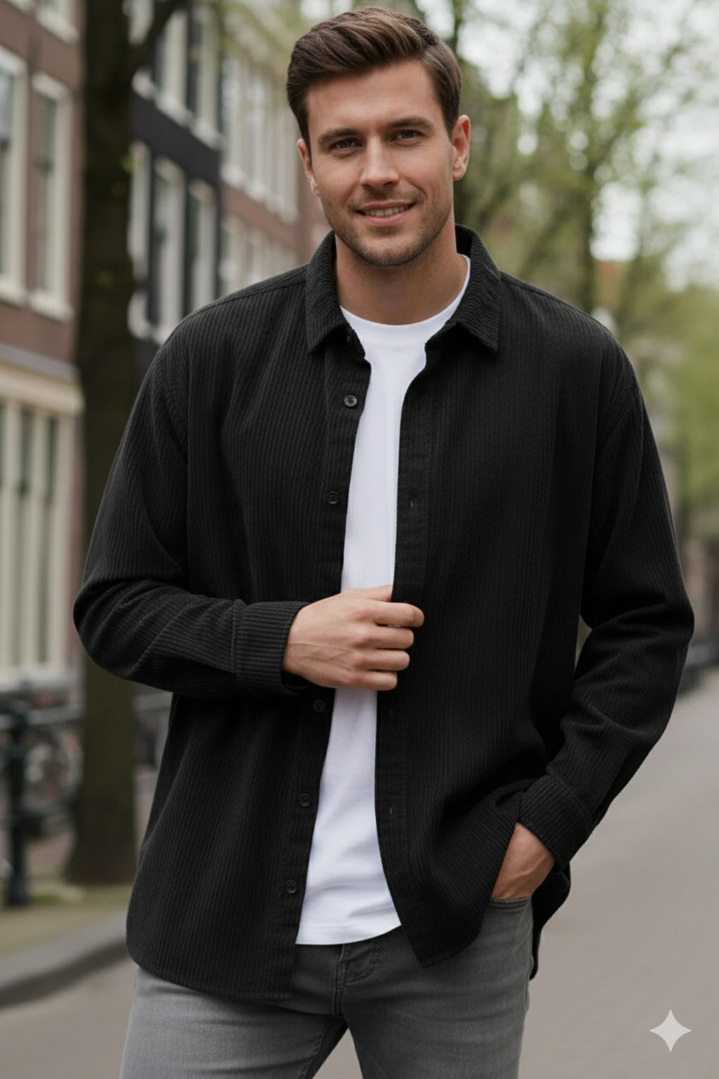 Erkek Siyah Kadife Fitilli Yumuşak Dokulu Loose Fit Oversize Düşük Omuz Gömlek