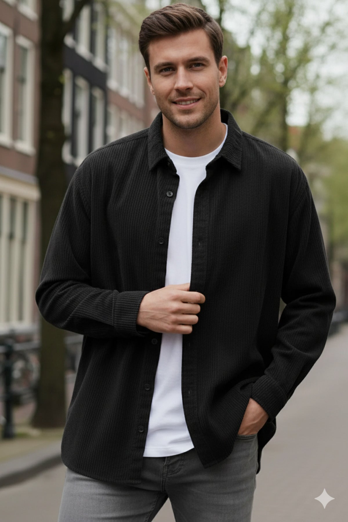 Erkek Siyah Kadife Fitilli Yumuşak Dokulu Loose Fit Oversize Düşük Omuz Gömlek
