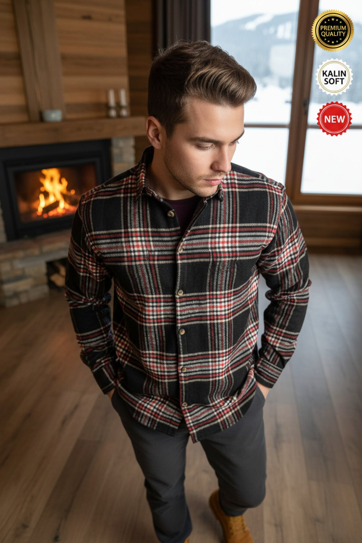 Erkek Siyah Beyaz Kırmızı 2 çizgi ekose Oduncu Kalın Yumuşak Dokulu Regular Old Money Culture Gömlek