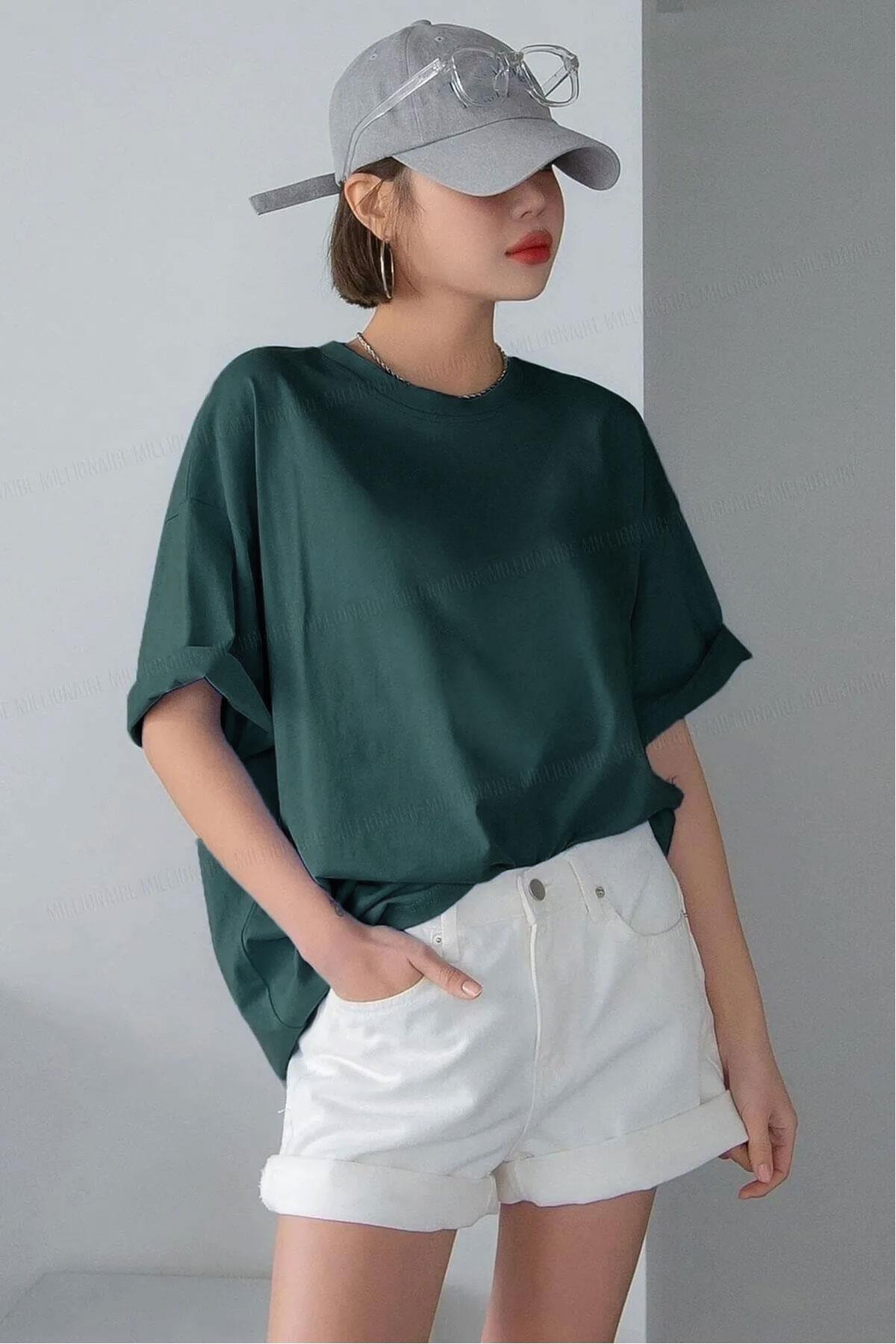 Kadın Petrol Yeşili Basic Düz Baskısız Oversize Salas T-Shirt