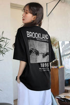 1898 Baskılı Siyah Oversize Salas Boyfriend Kadın T-Shirt