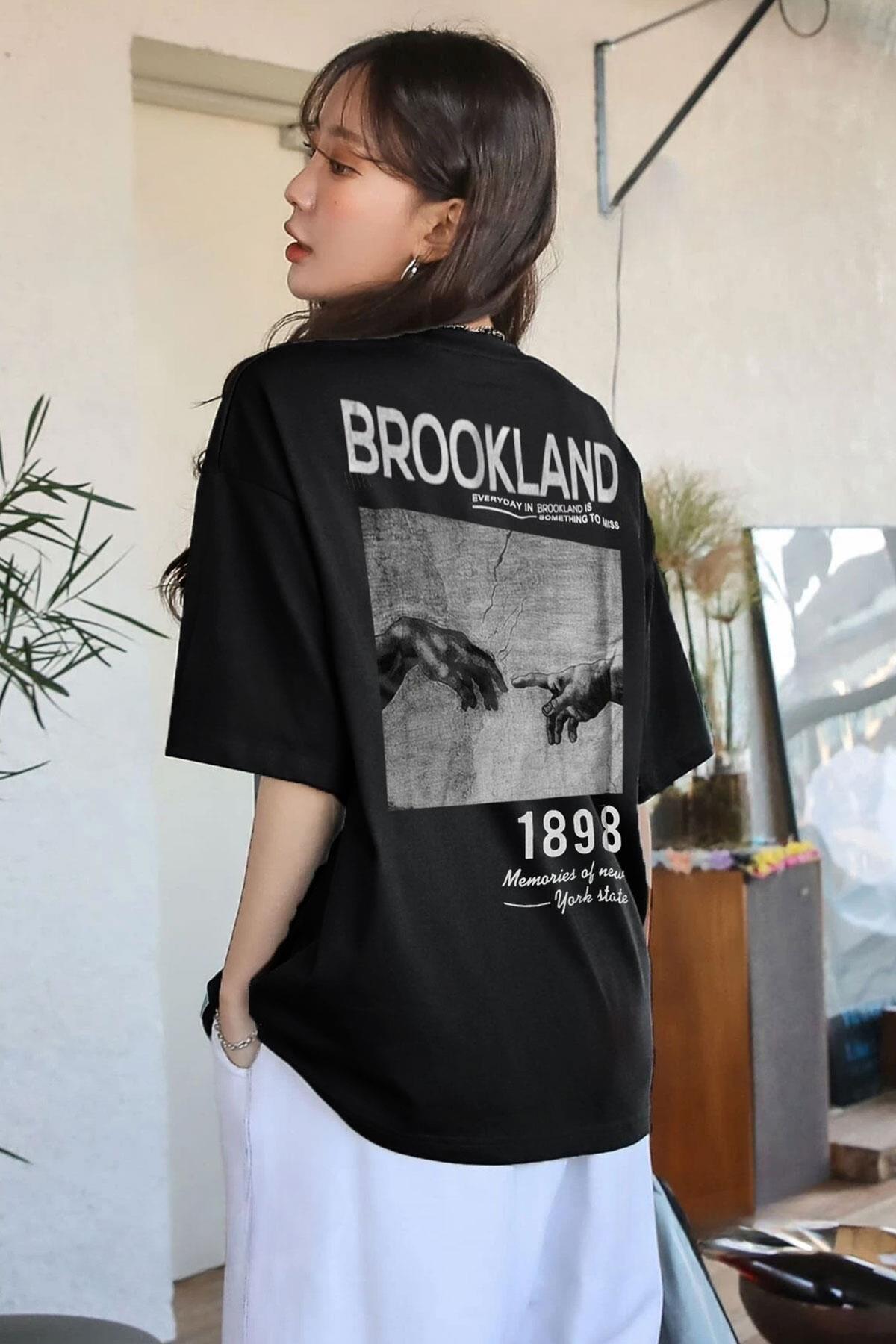 1898 Baskılı Siyah Oversize Salas Boyfriend Kadın T-Shirt