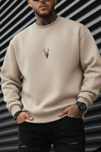 Erkek Taş Kum Bej Geyik Soft 3 İplik içi Şardonlu 0 Sıfır Yaka Oversize Salaş Sweatshirt