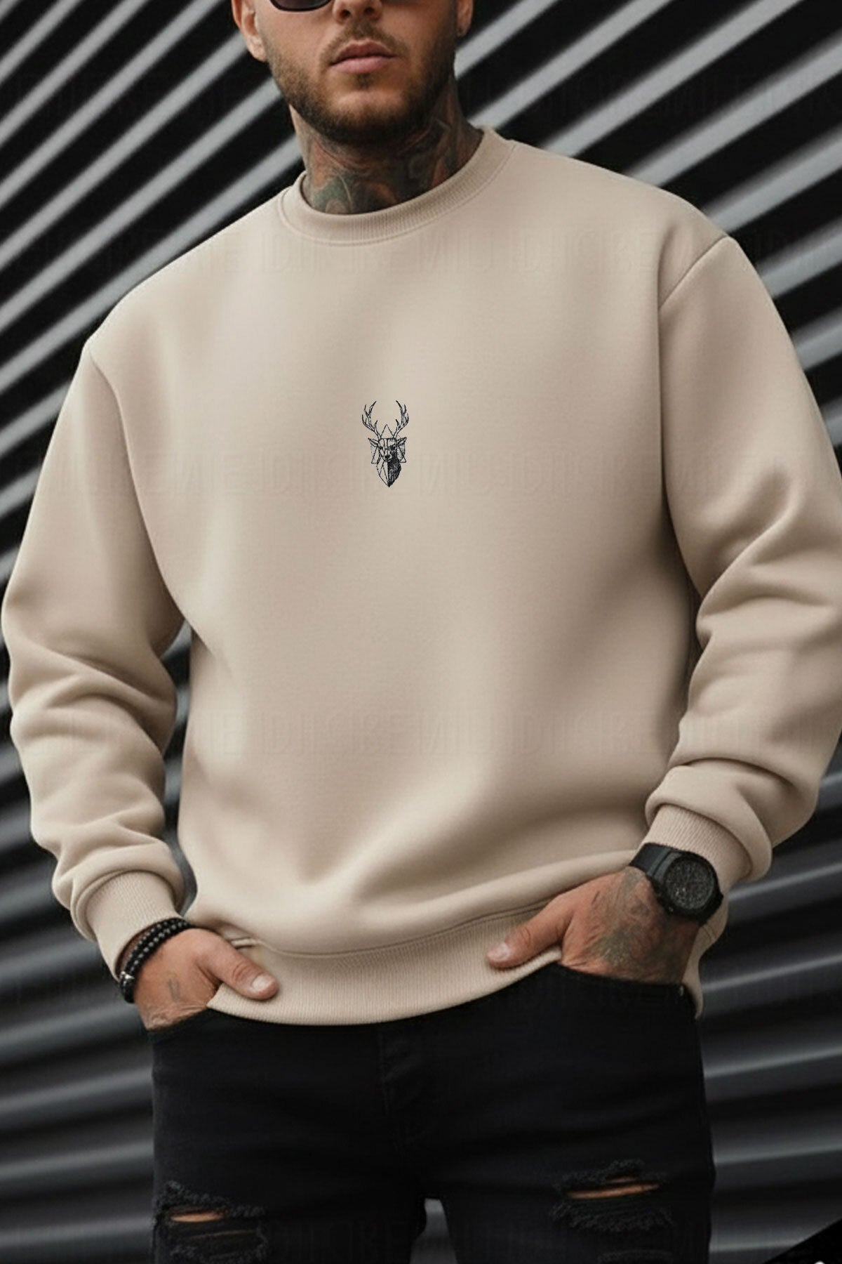 Erkek Taş Kum Bej Geyik Soft 3 İplik içi Şardonlu 0 Sıfır Yaka Oversize Salaş Sweatshirt