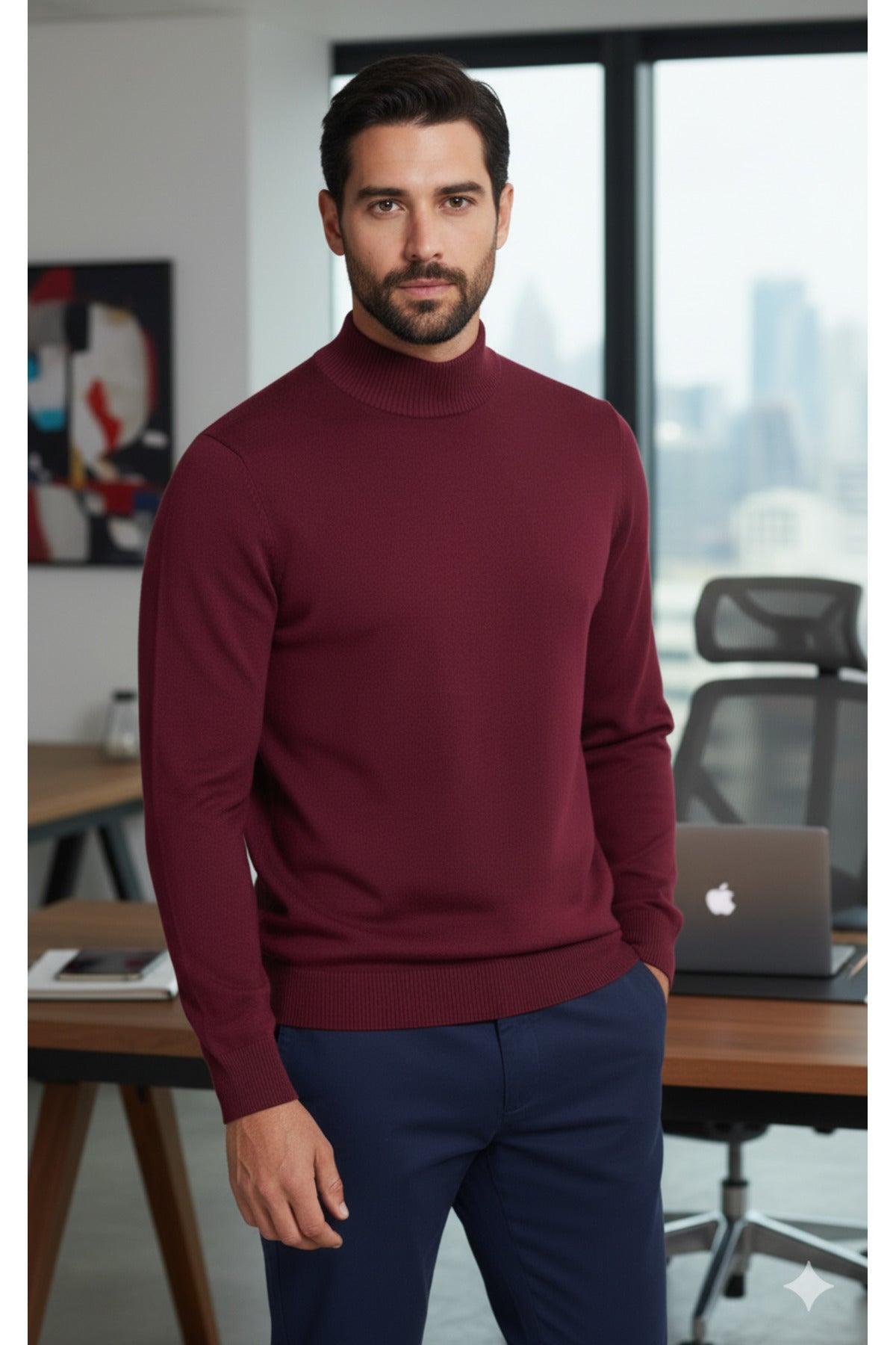 Erkek Bordo Yarım Balıkçı Yaka Standart Normal Kesim Regular Fit Akrilik Karışımlı Triko Kazak