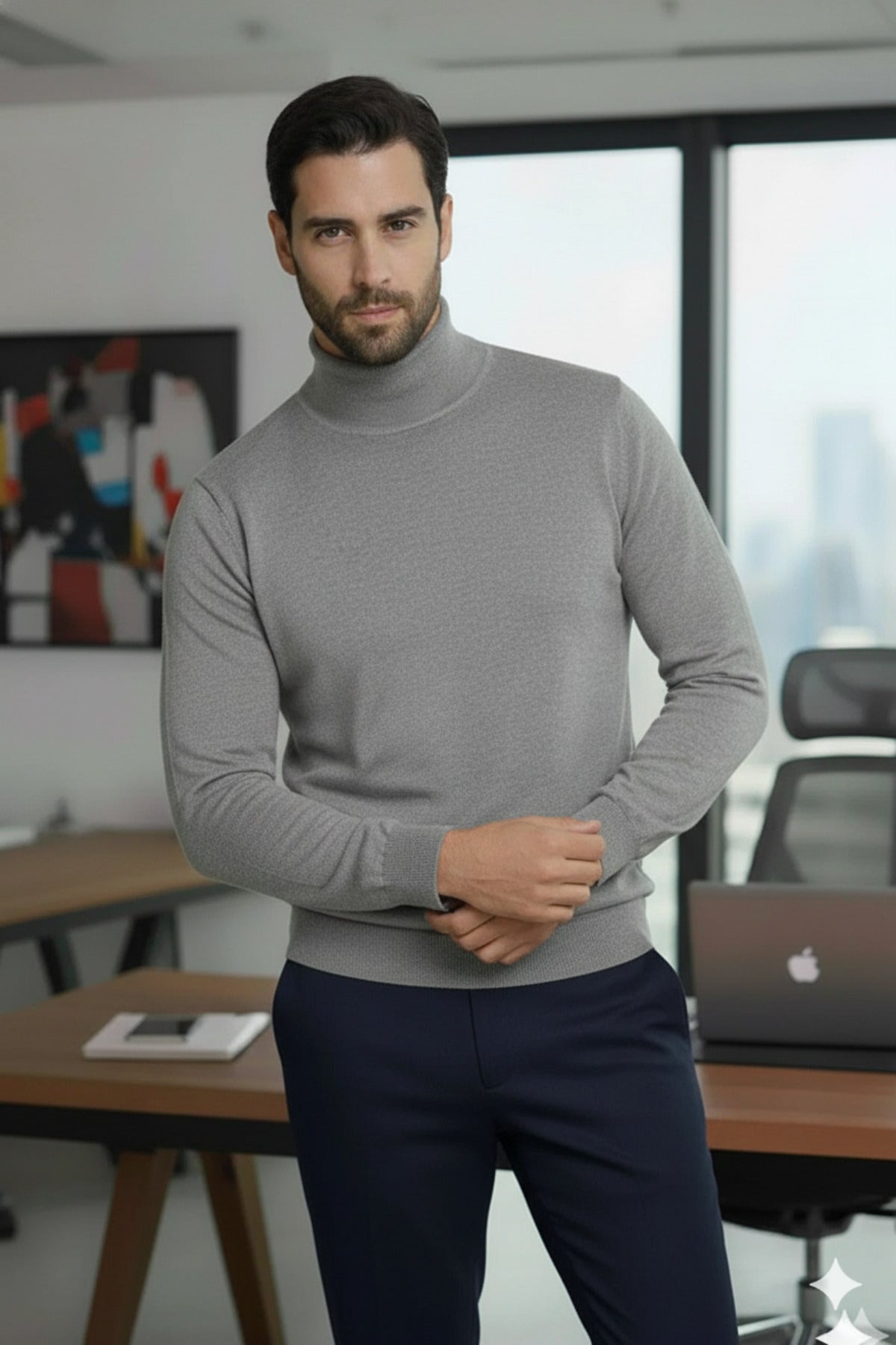 Erkek Gri Yarım Balıkçı Yaka Standart Kesim Regular Akrilik Karışımlı Triko Kazak