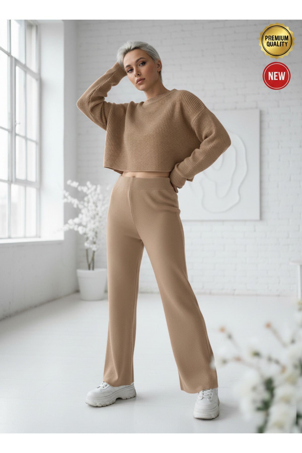 Kadın Camel Sütlü Kahve Triko Pantolon Tek Alt S-M-L Uyumlu Esnek Tek Beden